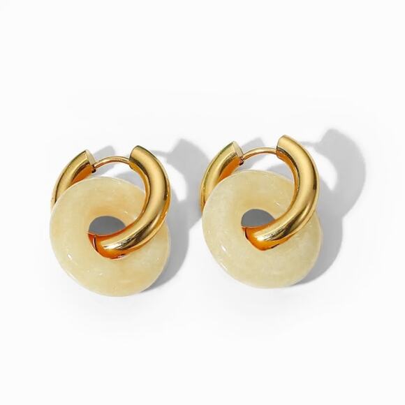 Natural Stone Hoop Earrings 18K Gold Plated Stainless Steel - Picture 4 of 6